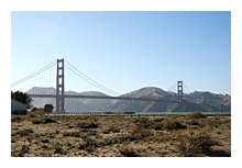 landscape photograph of the Golden Gate Bridge in San Francisco, California, view from the eastern side in full sunshine